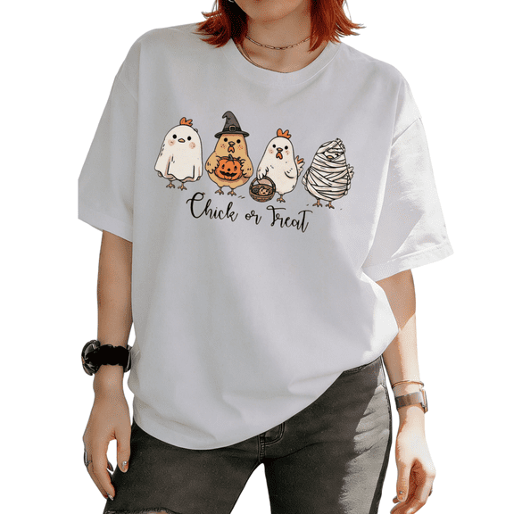 Cozymy Women Chick Or Treat Cute Chicken Halloween T-shirt Funny Ghost Witch Tee Trendy Farm Top for Fall Party