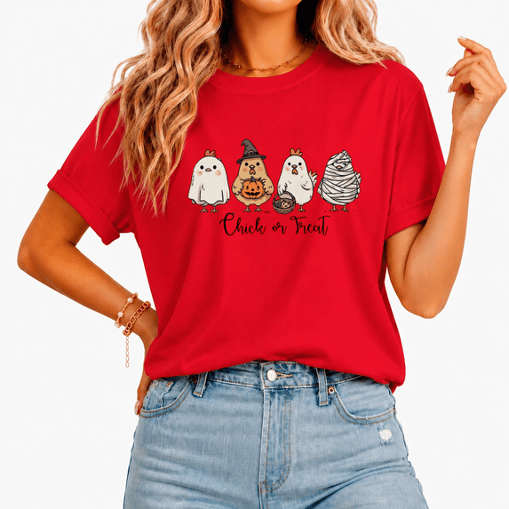 Cozymy Women Chick Or Treat Cute Chicken Halloween T-shirt Funny Ghost Witch Tee Trendy Farm Top for Fall Party