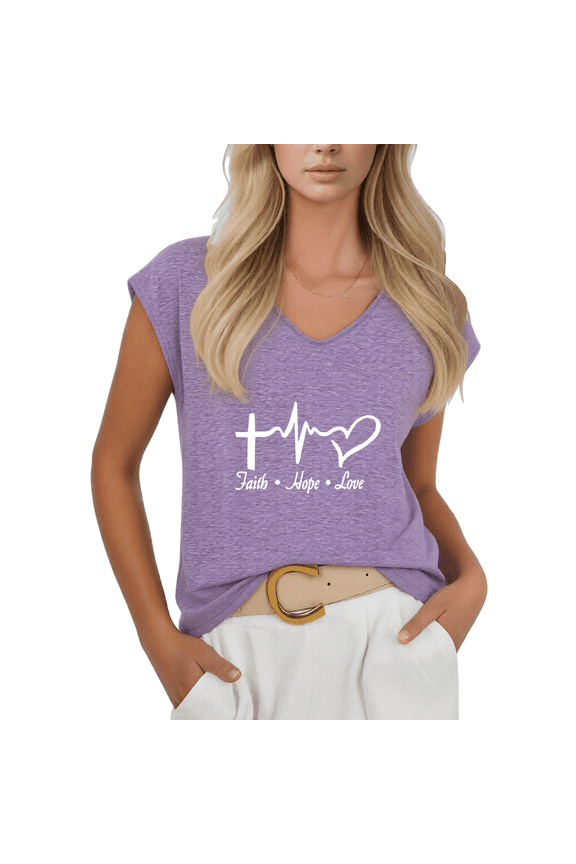 Women Christian Faith Hope Love V-Neck Sleeveless T-Shirt Heartbeat Cross Top
