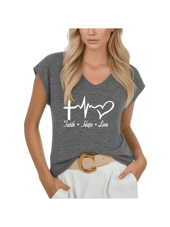 Women Faith Hope Love V-Neck Sleeveless T-Shirt Christian Heartbeat Cross Top