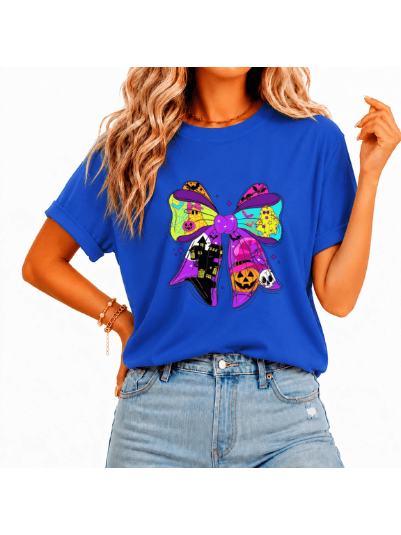 Women Fun Bat Castle Bow T-shirt Glow Neon Print Top Bold Colorful Tee for Halloween Festival Nights