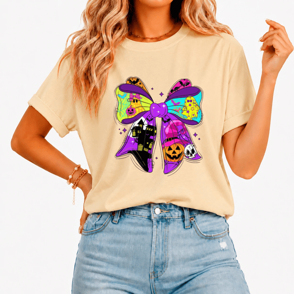 Cozymy Women Fun Bat Castle Bow T-shirt Glow Neon Print Top Bold Colorful Tee for Halloween Festival Nights
