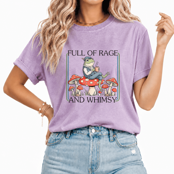 Cozymy Women Funny Frog Mushroom Tee Washed Whimsical Animal Top Cute Tea Drinking Graphic Shirt Retro Storybook Style Illustration