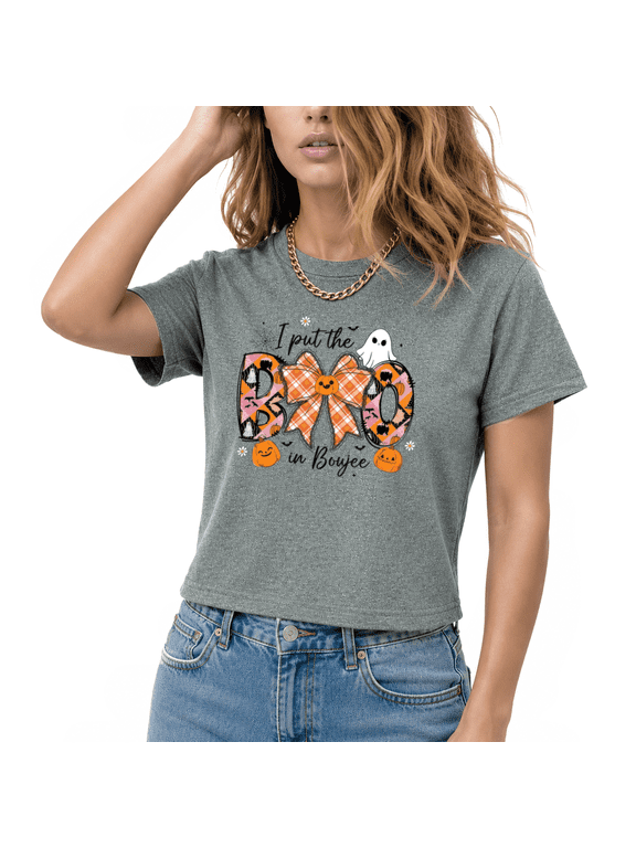 Women I put the BOO in Boujee Graphic T-Shirt Cropped Crewneck Short Sleeve Ghost Pumpkin Bow Design