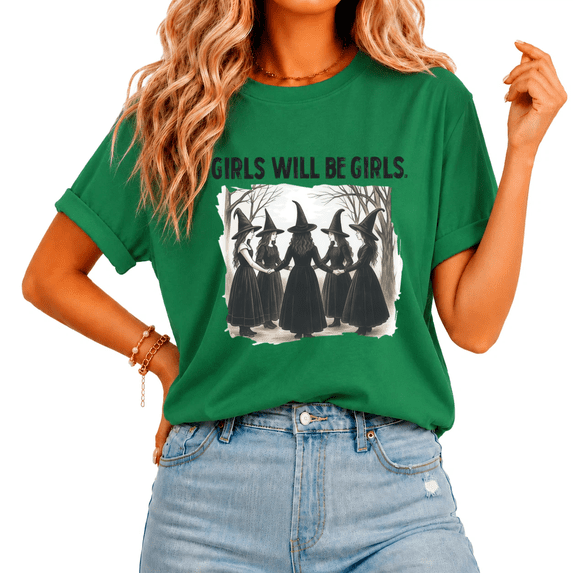Cozymy Women Lightweight Halloween Top with Witches Holding Hands Print Relaxed Tee Classic Graphic T-shirt