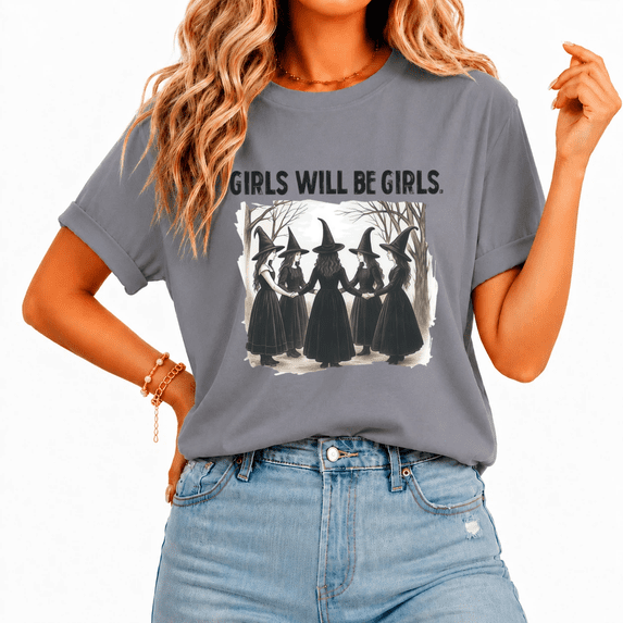 Cozymy Women Lightweight Halloween Top with Witches Holding Hands Print Relaxed Tee Classic Graphic T-shirt