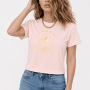 Cozymy Women Lucky Sun Moon Pattern Crop T-shirt Mystic Cloud Tee Golden Universe Top Summer Holiday Aesthetic Fashion Shirt