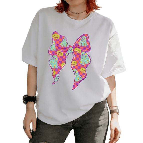 Cozymy Women Neon Ghost Pumpkin Bow Halloween T-shirt Colorful Checkerboard Tee Trendy Y2K Style Top for Party