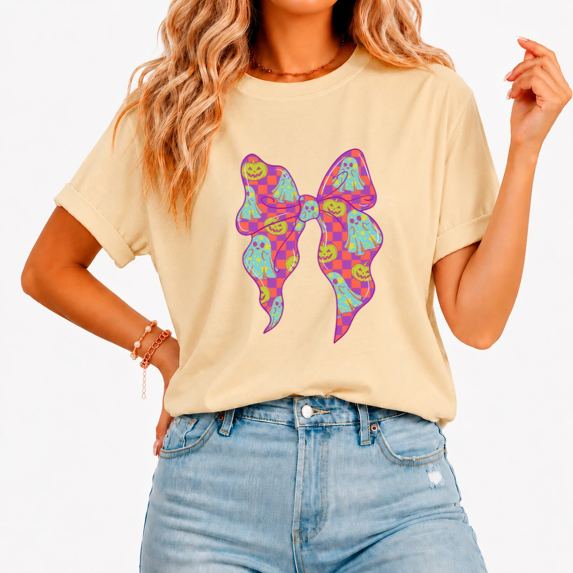 Cozymy Women Neon Ghost Pumpkin Bow Halloween T-shirt Colorful Checkerboard Tee Trendy Y2K Style Top for Party