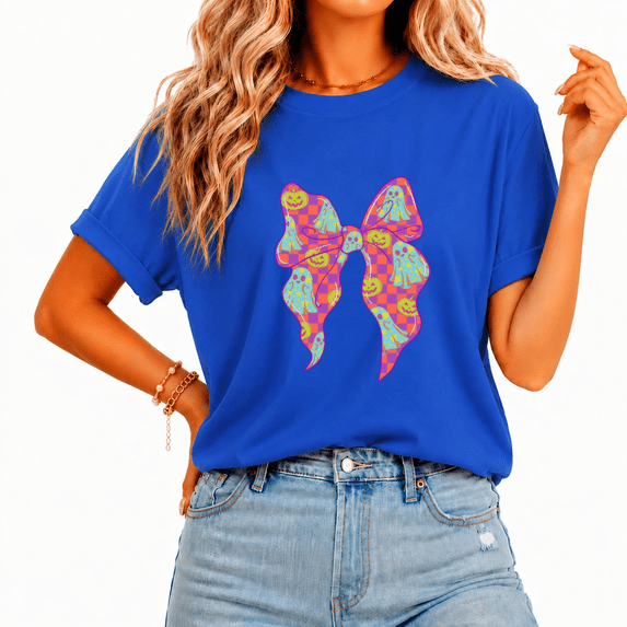 Cozymy Women Neon Ghost Pumpkin Bow Halloween T-shirt Colorful Checkerboard Tee Trendy Y2K Style Top for Party