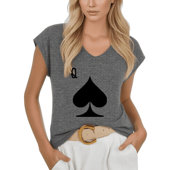 Cozymy Women Queen of Spades V-Neck Sleeveless T-Shirt Poker Graphic Heather Top
