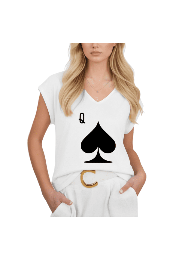 Women Queen of Spades V-Neck Sleeveless T-Shirt Poker Graphic Summer Top