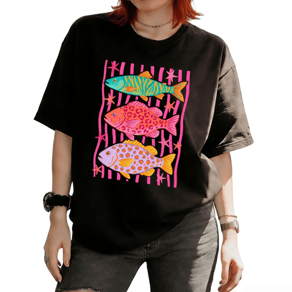 Cozymy Women Top Dreamy Pink and Blue Fish Tee Cute Artistic T-shirt Soft Casual Top for Vacation and Daily