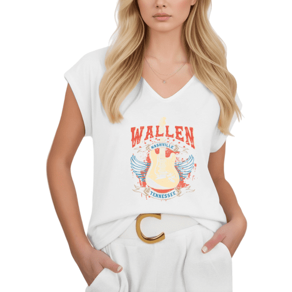 Cozymy Women V-Neck Sleeveless T-Shirt Nashville Tennessee Country Music Shirt Vintage Guitar Wings Casual Plus Size Tee S-5XL