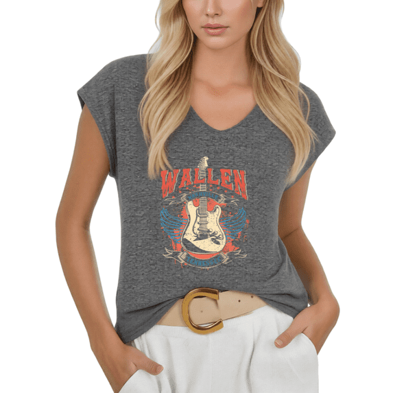 Cozymy Women V-Neck Sleeveless T-Shirt Vintage Country Music Tee Nashville Tennessee Guitar Wings Plus Size Casual Tee S-5XL