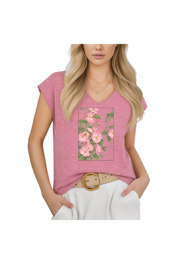 Women Watercolor Wild Rose Floral V Neck Sleeveless T Shirt Casual Summer Tank Top