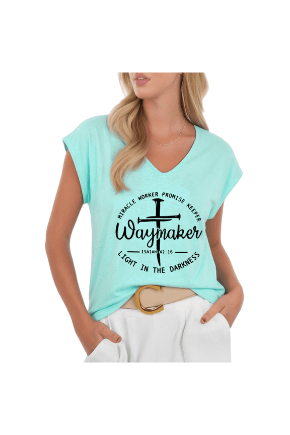 Women Waymaker Christian T-Shirt Isaiah 42:16 Cross Miracle Worker Mint Top