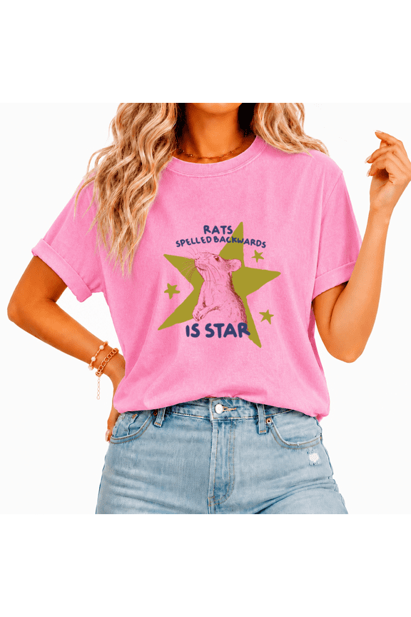 Women Witty Rat Art Tee Washed Retro Sketch Animal Top Cute Star Pun Graphic Blouse Creative Meme Shirt for Daily Wear Street Style