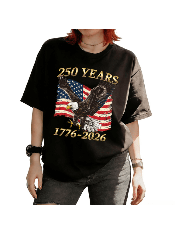 Women's 250 Years 1776-2026 Patriotic USA Flag Bald Eagle Graphic Short Sleeve T-Shirt Casual Relaxed Fit