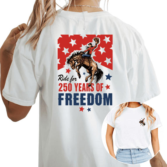 Cozymy Women's 250 Years Of Freedom Patriotic Cowboy Ride Graphic Short Sleeve T-Shirt Casual Regular Fit