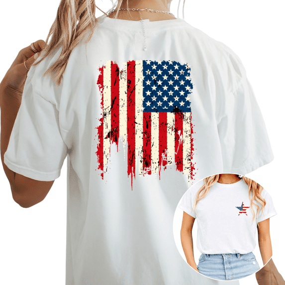 Cozymy Women's 4th Of July Patriotic USA Flag Star Grunge Graphic Short Sleeve T-Shirt Casual Everyday