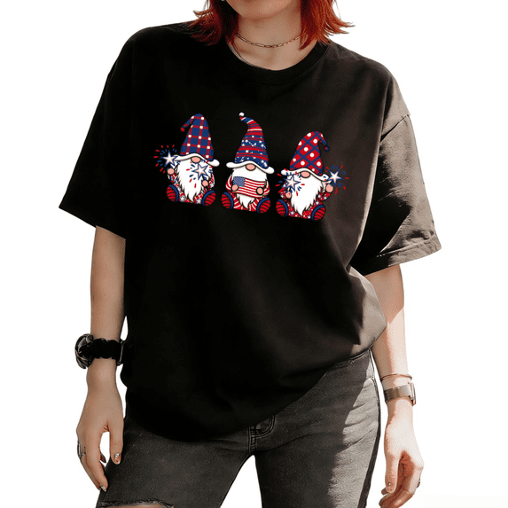 Cozymy Women's 4th Of July Patriotic USA Gnome Firework Graphic Short Sleeve T-Shirt Casual Relaxed Fit