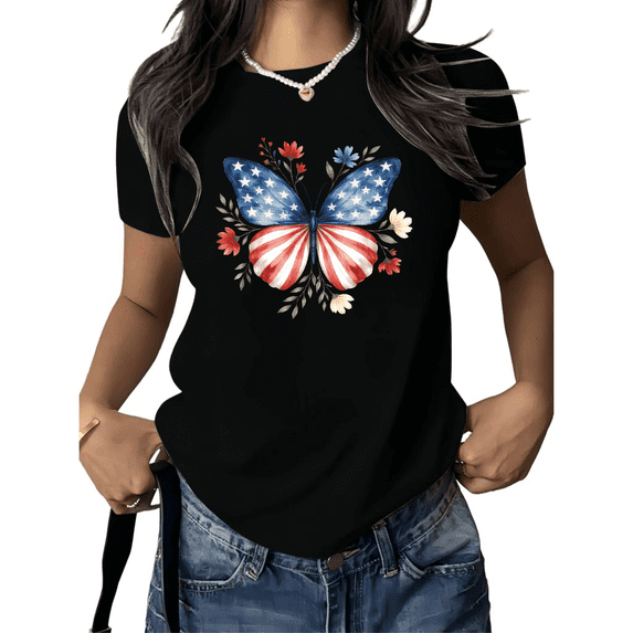 Cozymy Women's 4th of July Butterfly Tee Patriotic USA Flag Stars Stripes Short Sleeve Casual T-Shirt S-5XL
