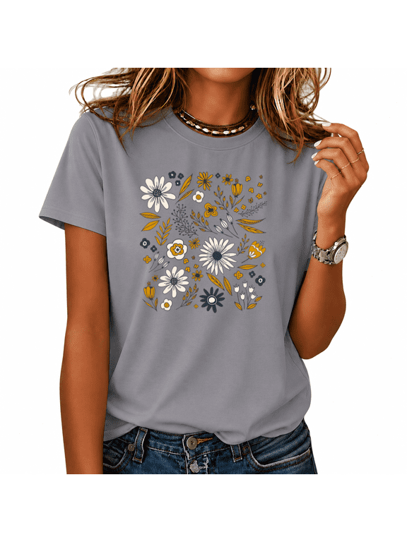 Women's Aesthetic Wildflower Tees Short Sleeve Crewneck T-Shirts Retro Daisy Floral Print Art Trendy Everyday Tops