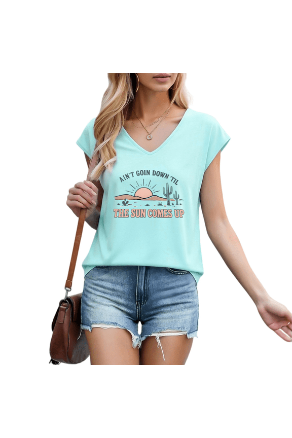Women's Ain't Goin Down Til The Sun Comes Up Western Desert Graphic V-Neck T-Shirt Casual Tees Tops