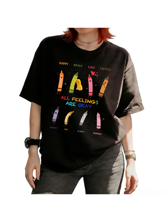 Women's All Feelings Are Okay Crayon Emotions Graphic Short Sleeve Crew Neck T-Shirt Casual Tees Tops
