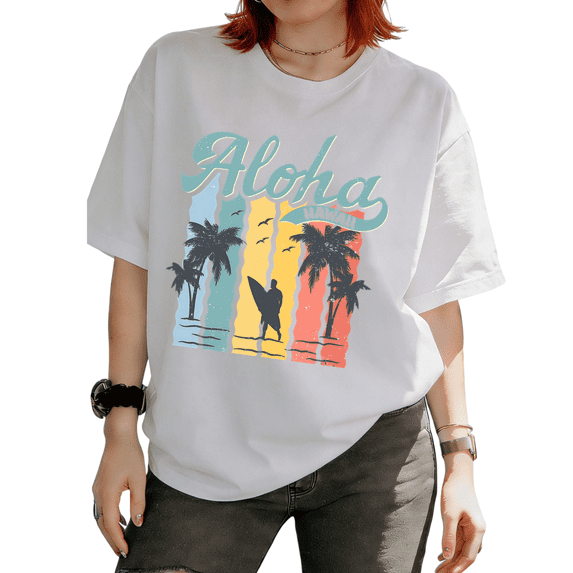 Cozymy Women's Aloha Hawaii Palm Tree Surfing Retro Beach Graphic Short Sleeve T-Shirt Timeless Versatile Tees