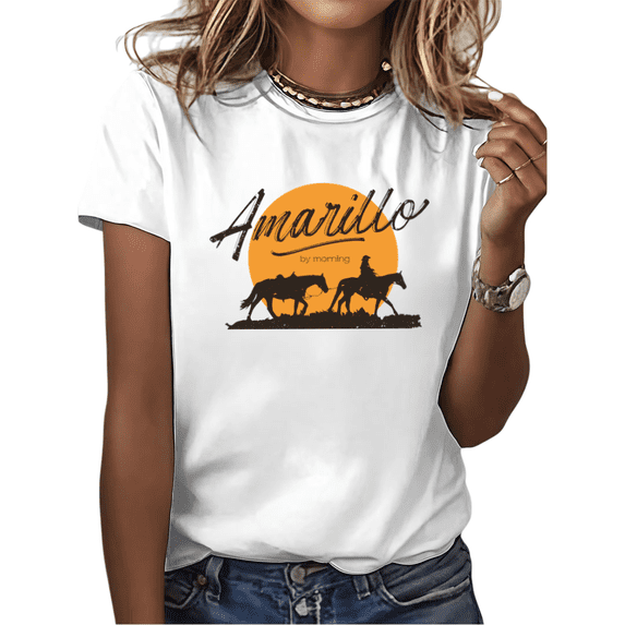 Cozymy Women's Amarillo By Morning Cowboy Horse Sunset Silhouette Western Casual Short Sleeve Vintage Country T-Shirt Tops