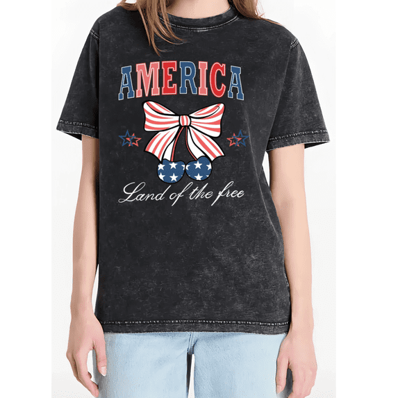 Cozymy Women's America Land of the Free Patriotic Bow Cherry Vintage Washed Distressed Short Sleeve Crewneck T-Shirt S-2XL