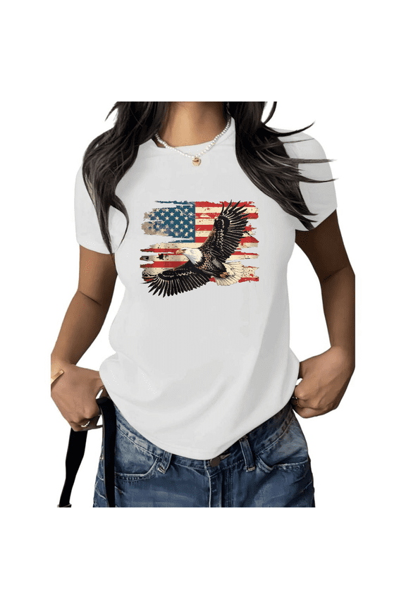 Women's American Flag Eagle Graphic Short Sleeve T-Shirt Vintage Patriotic Print Cotton Crewneck Casual Relaxed Fit Tops