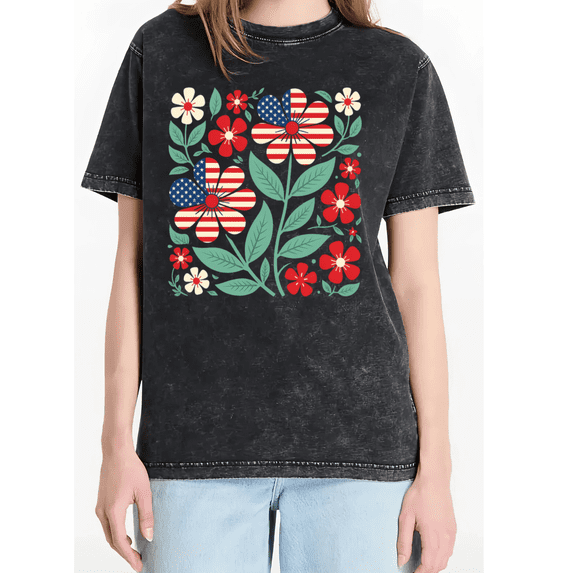 Cozymy Women's American Flag Floral Vintage Washed Distressed Short Sleeve Crewneck Cotton T-Shirt S-2XL
