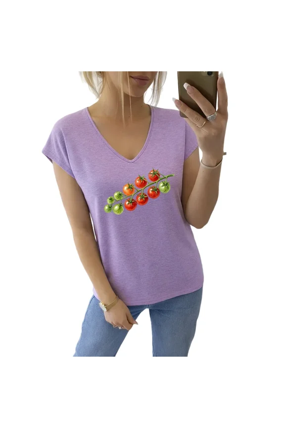 Women's Artistic Green Red Gradient Vine Cherry Tomato Print V-Neck Sleeveless T-Shirt Soft Loose Casual Tank Top for Summer Outdoor Casual Daily Lifestyle