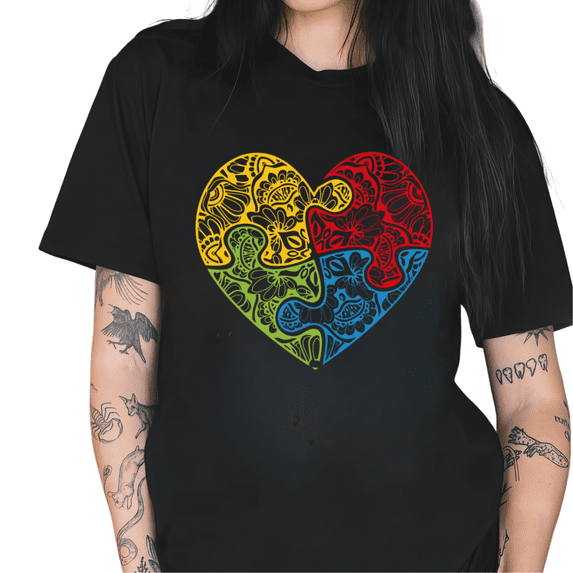 Cozymy Women's Autism Awareness Colorful Floral Heart Puzzle Inspirational Graphic Short Sleeve Crew Neck T-Shirt