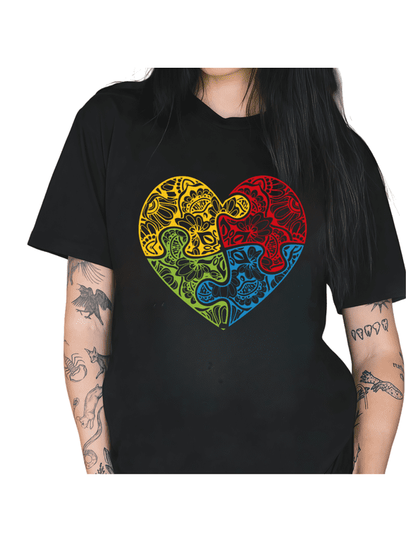 Women's Autism Awareness Colorful Floral Heart Puzzle Inspirational Graphic Short Sleeve Crew Neck T-Shirt