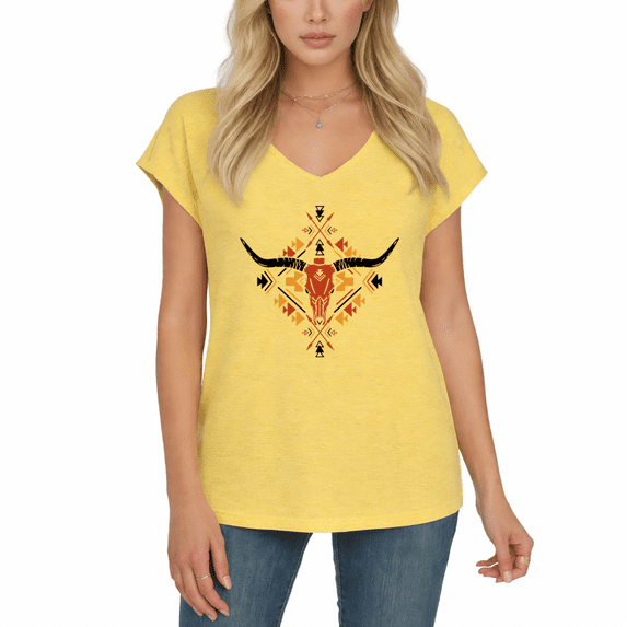 Cozymy Women's Aztec Tribal Geometric Longhorn Skull Western Graphic Cap Sleeve V-Neck T-Shirt Breathable Southwest Top