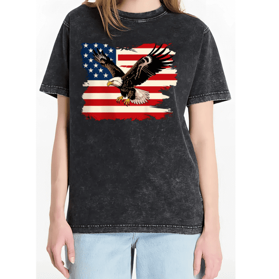 Cozymy Women's Bald Eagle American Flag Patriotic 4th of July Vintage Washed Distressed Short Sleeve Cotton T-Shirt S-2XL