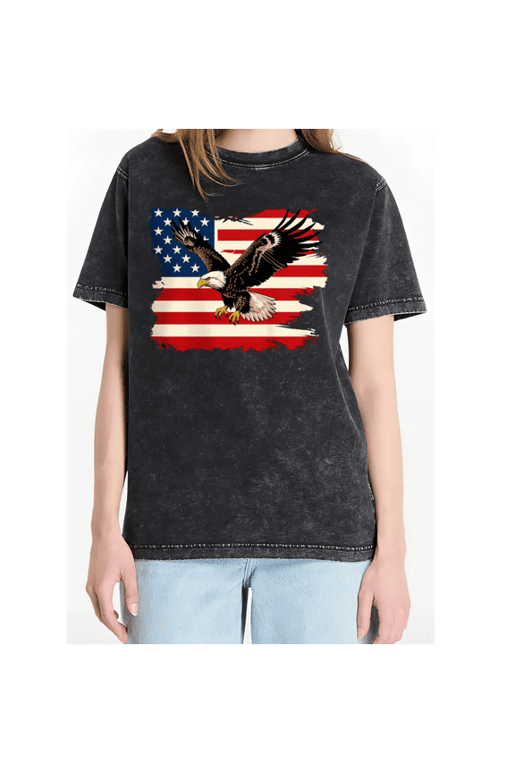 Women's Bald Eagle American Flag Patriotic 4th of July Vintage Washed Distressed Short Sleeve Cotton T-Shirt S-2XL