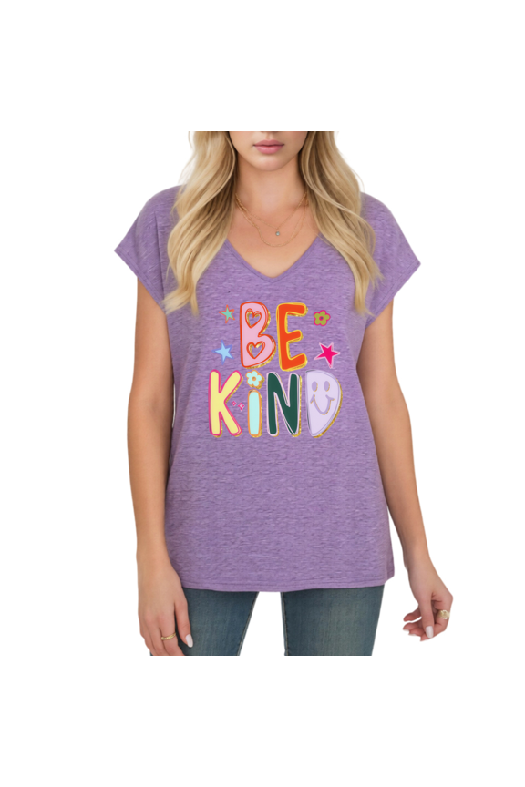 Women's Be Kind Cute Colorful Letter Star Smiley Floral Art Graphic V-Neck Soft Casual Short Relaxed Fit T-Shirt