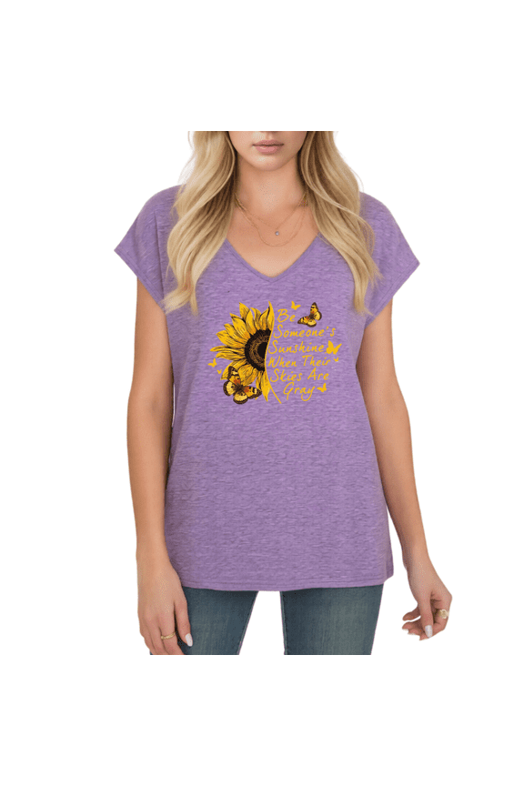 Women's Be Someone's Sunshine Sunflower Butterfly Graphic V-Neck Short Sleeve T-Shirt Inspirational Casual Tee