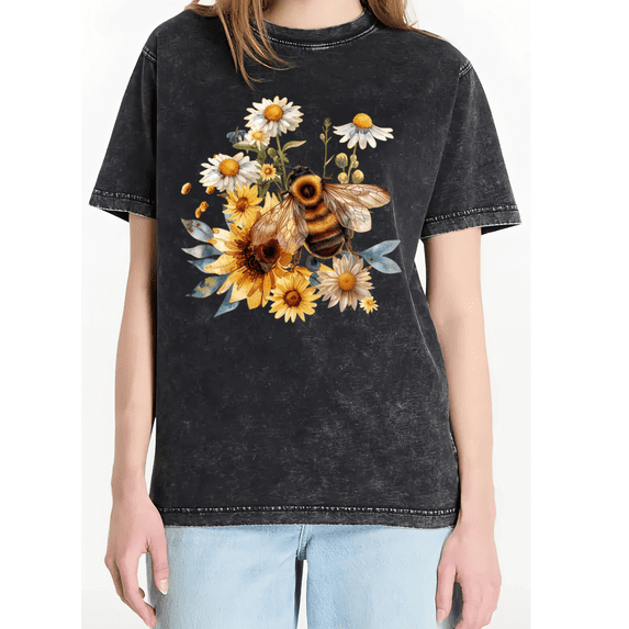 Cozymy Women's Bee Sunflower Daisy Floral Nature Vintage Washed Crewneck Casual Short Sleeve Relaxed Fit T-Shirt