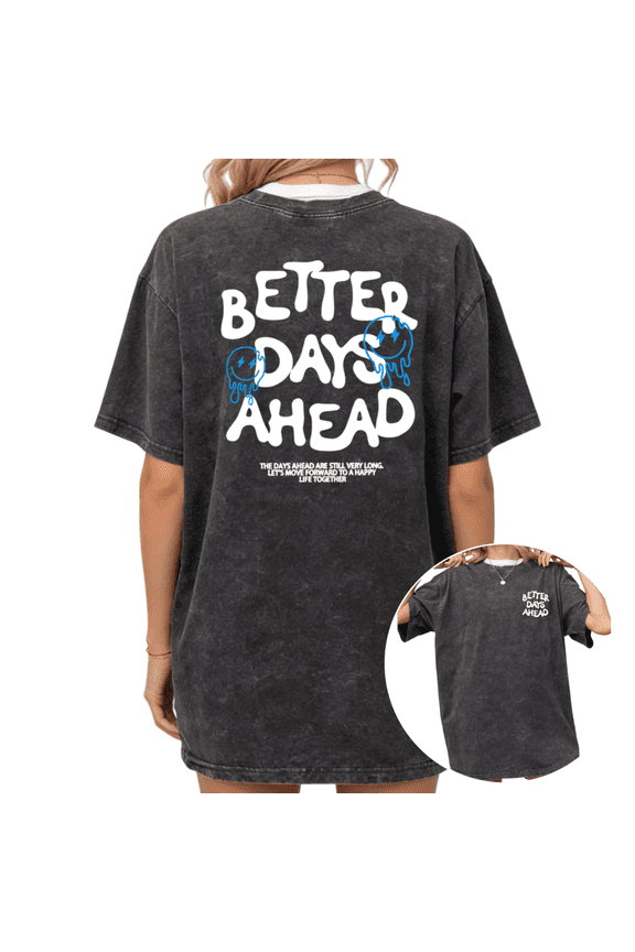 Women's Better Days Ahead Smiley Groovy Letter Vintage Washed T-Shirt Short Sleeve Crewneck Distressed Relaxed Fit Motivational Positive Retro Trendy Casual Oversized Graphic Tee