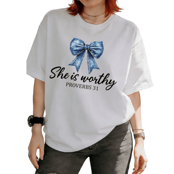 Cozymy Women's Blue Bow She Is Worthy Proverbs 31 Christian Graphic Short Sleeve T-Shirt Casual Relaxed Fit Tees Tops