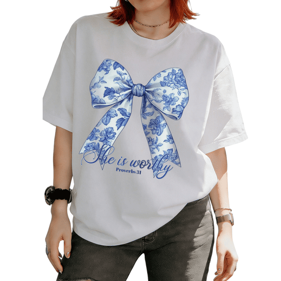 Cozymy Women's Blue Floral Bow She Is Worthy Proverbs 31 Christian Graphic Short Sleeve T-Shirt Cotton and Casual Tops