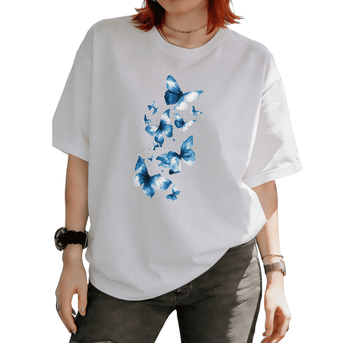 Cozymy Women's Blue Watercolor Butterflies Graphic Short Sleeve T-Shirt ...