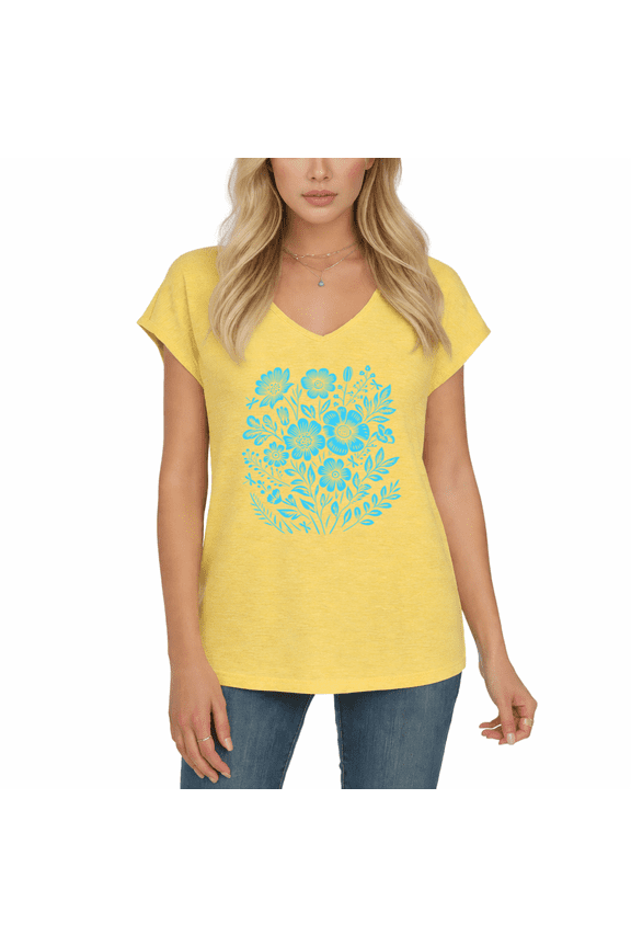 Women's Blue Wild Floral Bouquet Folk Line Art Graphic Cap Sleeve V-Neck T-Shirt Breathable Minimalist Daily Top