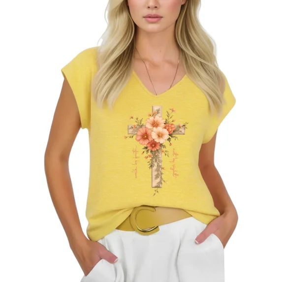 Cozymy Women's Boho Floral Cross V-Neck Sleeveless Tee Lightweight Religious Faith Based T-Shirt